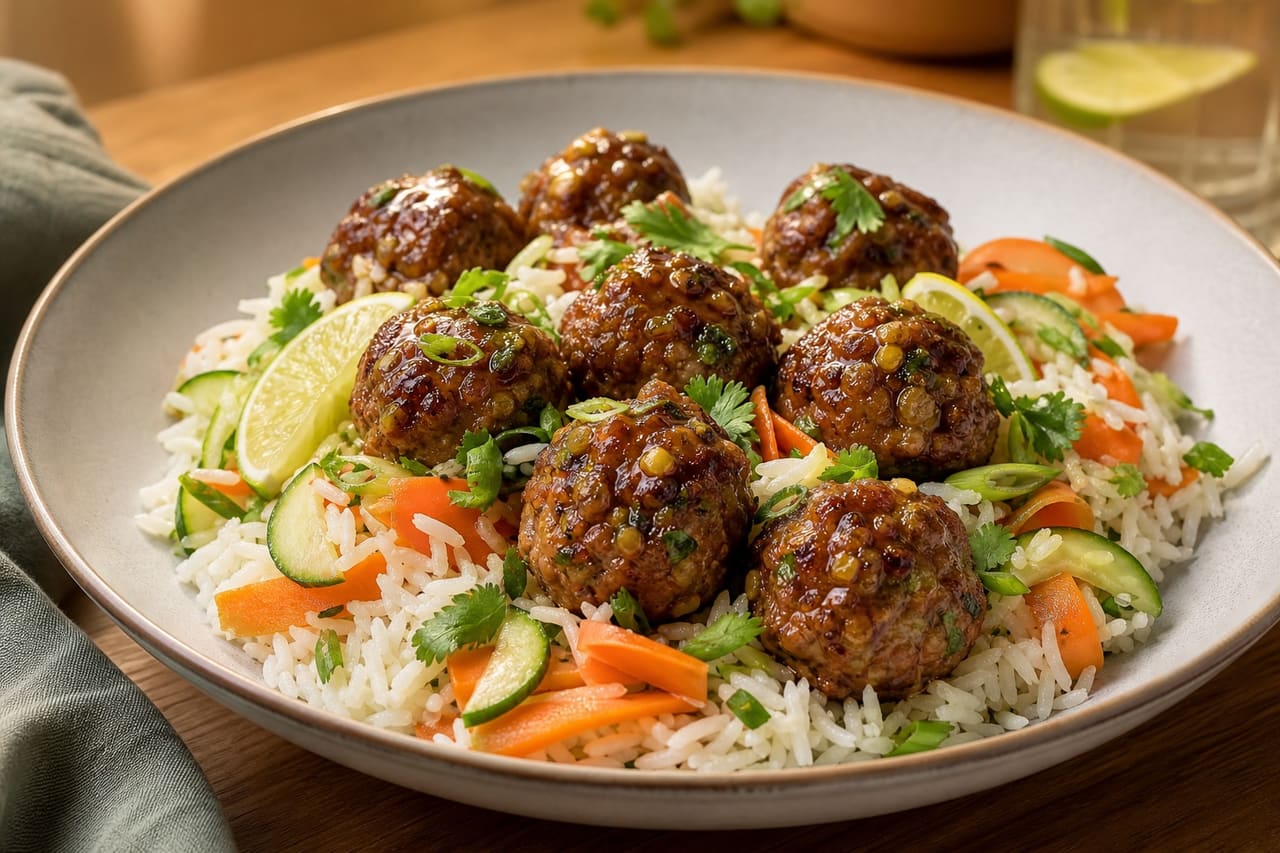 Ginger Lime Pork Meatballs with Pickled Carrot Rice.