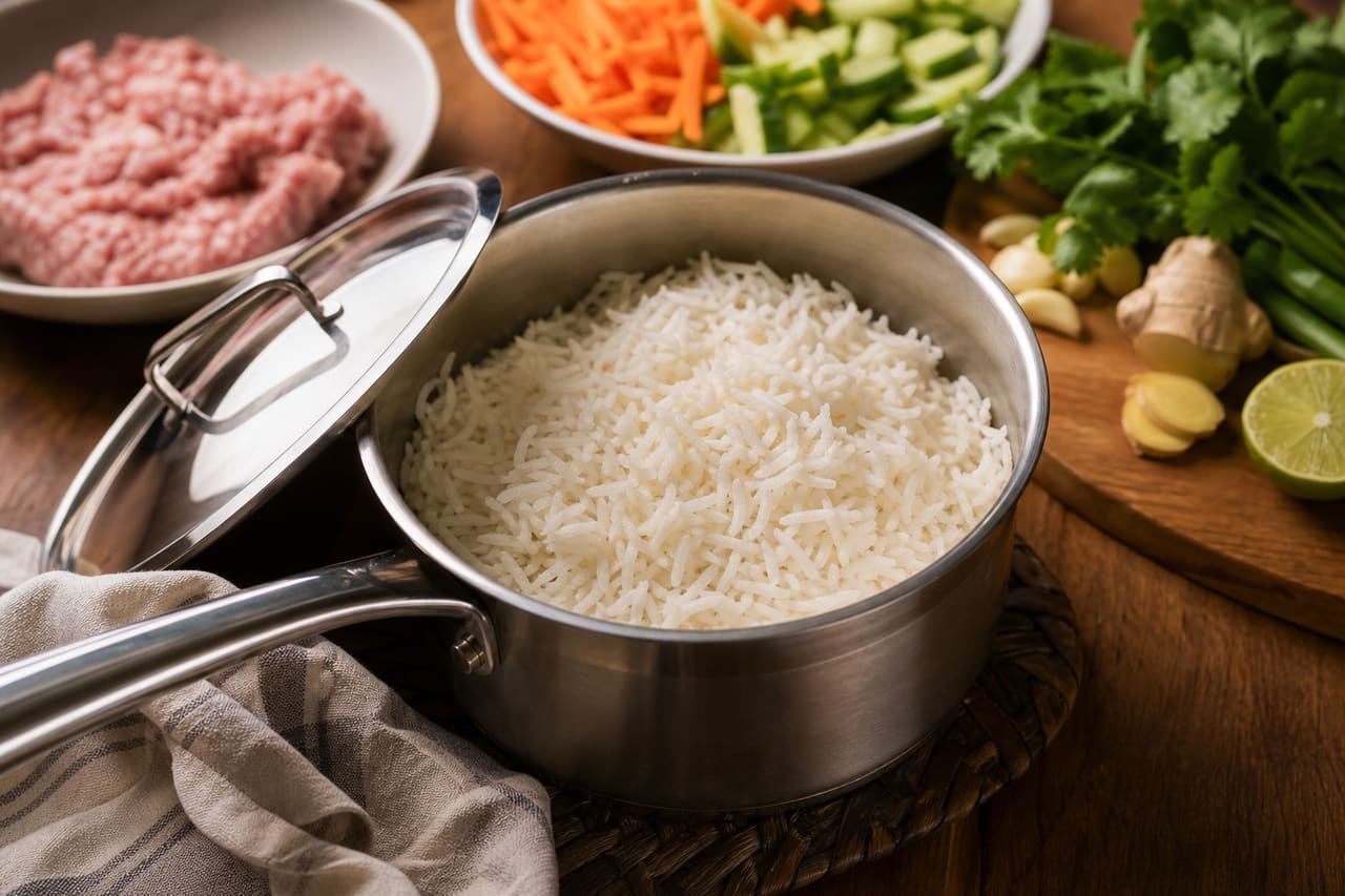 Ginger Lime Pork Meatballs with Pickled Carrot Rice cooking step 1: Cook the rice.