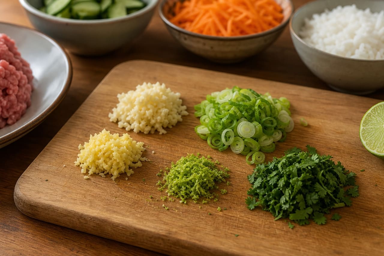 Ginger Lime Pork Meatballs with Pickled Carrot Rice cooking step 3: Prepare the aromatics.