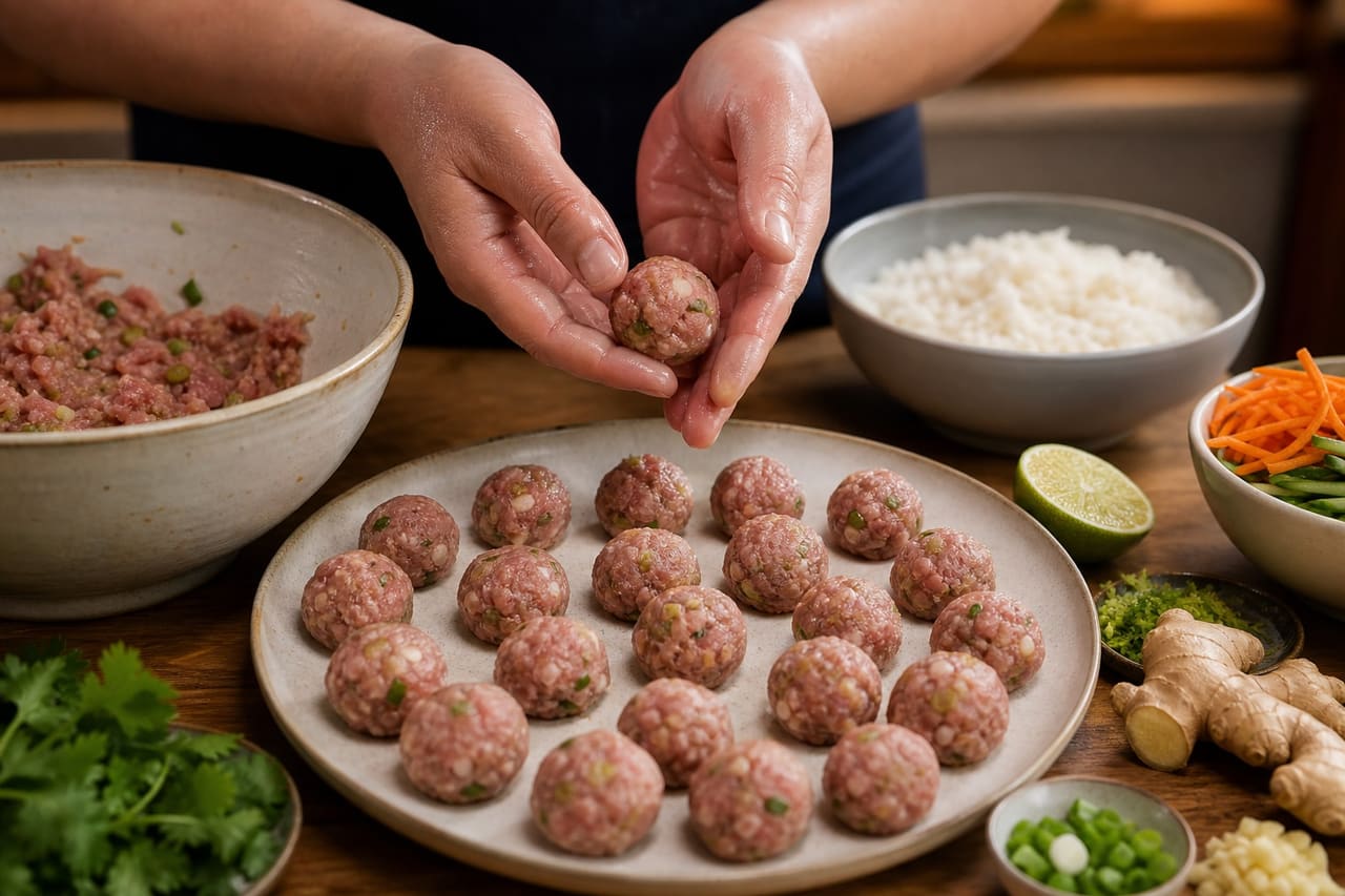 Ginger Lime Pork Meatballs with Pickled Carrot Rice cooking step 4: Shape the meatballs.
