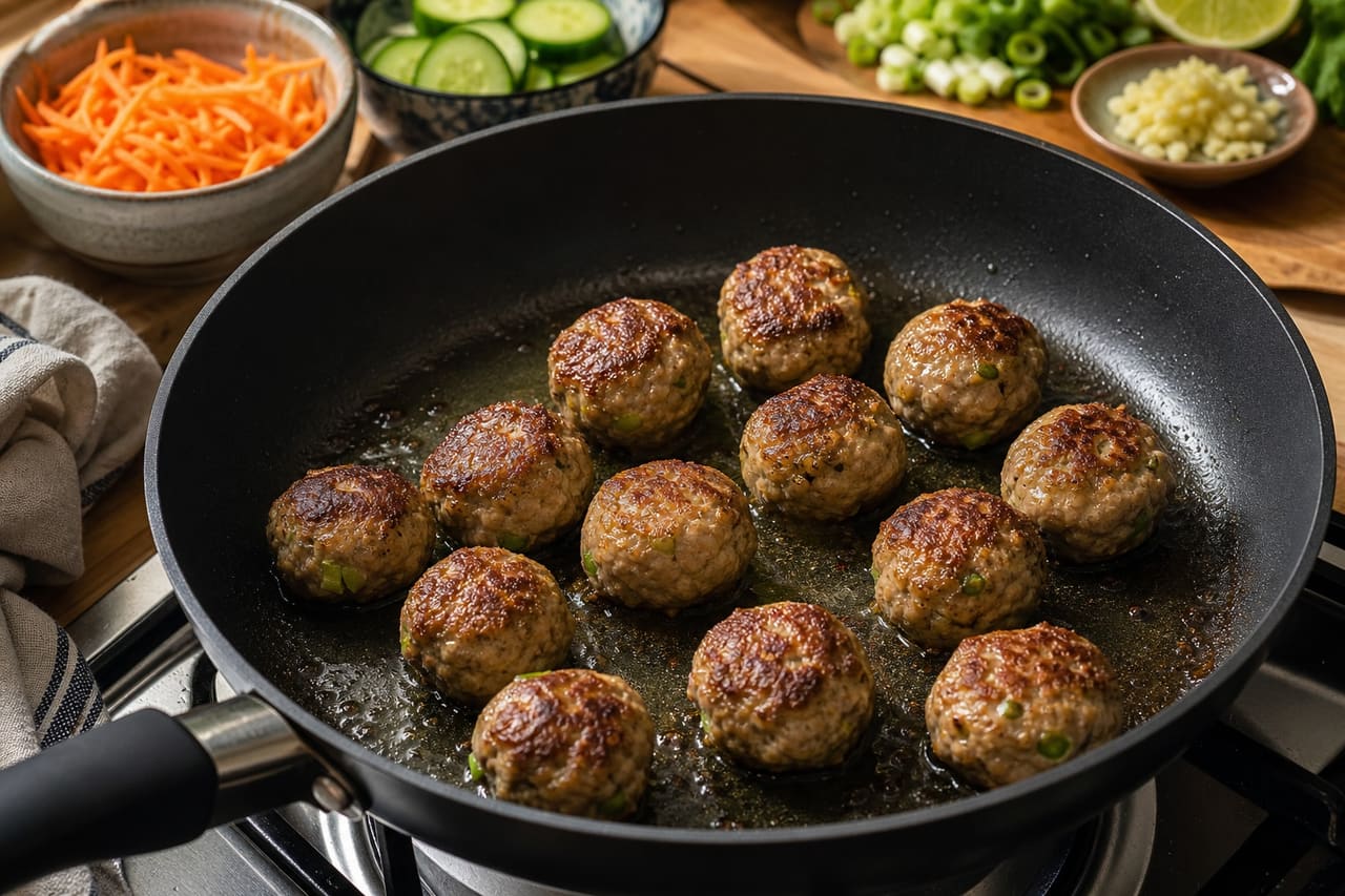 Ginger Lime Pork Meatballs with Pickled Carrot Rice cooking step 5: Brown the meatballs.