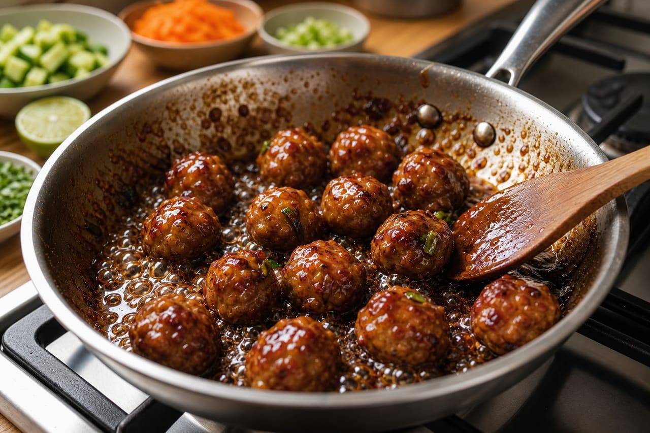 Ginger Lime Pork Meatballs with Pickled Carrot Rice cooking step 6: Glaze until sticky.