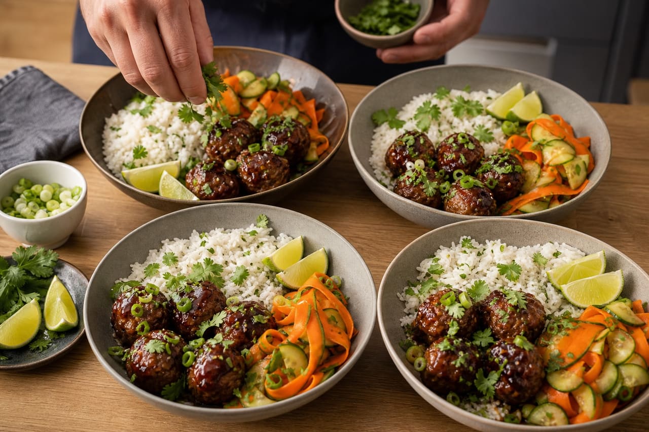 Ginger Lime Pork Meatballs with Pickled Carrot Rice cooking step 7: Finish the rice bowls.