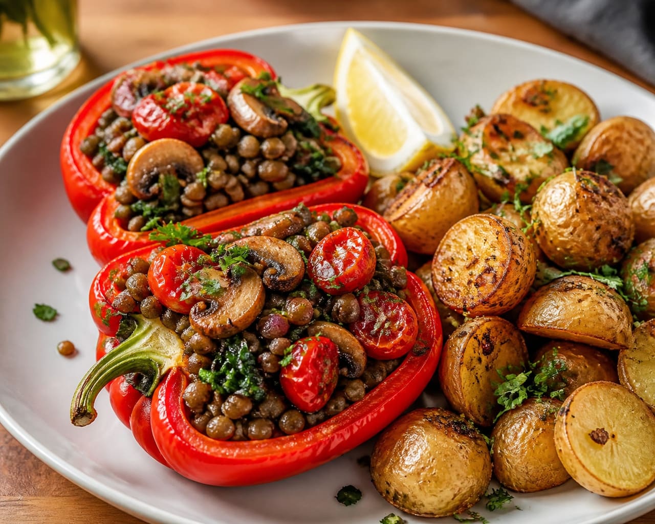 Herby Lentil-Stuffed Peppers with Crispy Garlic Potatoes.