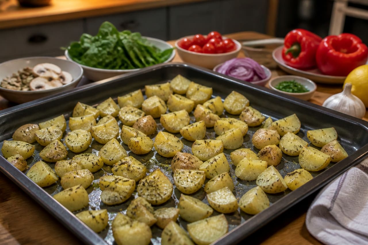 Herby Lentil-Stuffed Peppers with Crispy Garlic Potatoes cooking step 1: Start the potatoes.