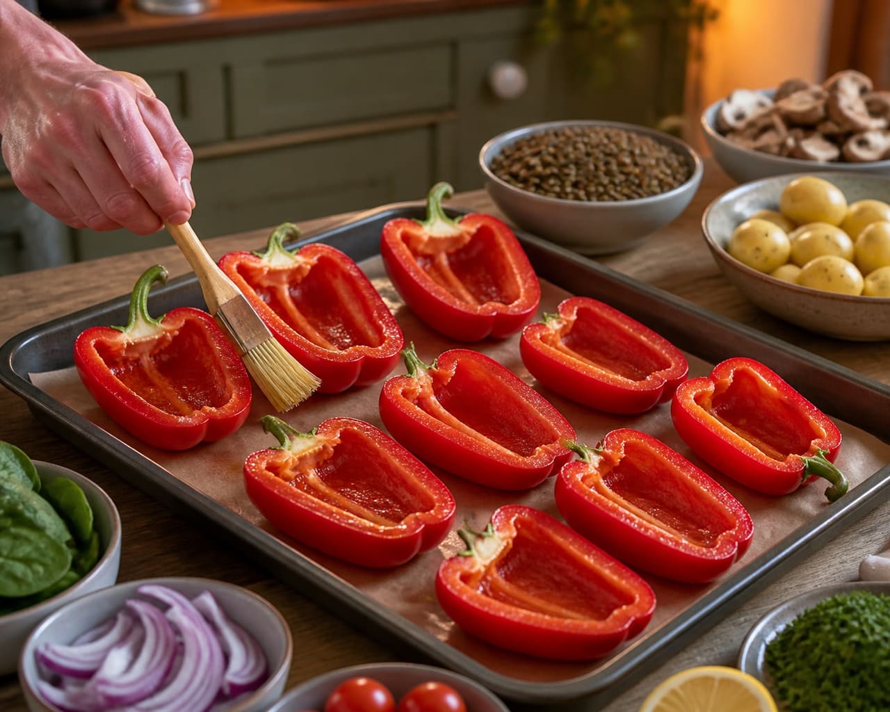 Herby Lentil-Stuffed Peppers with Crispy Garlic Potatoes cooking step 2: Prepare the peppers.