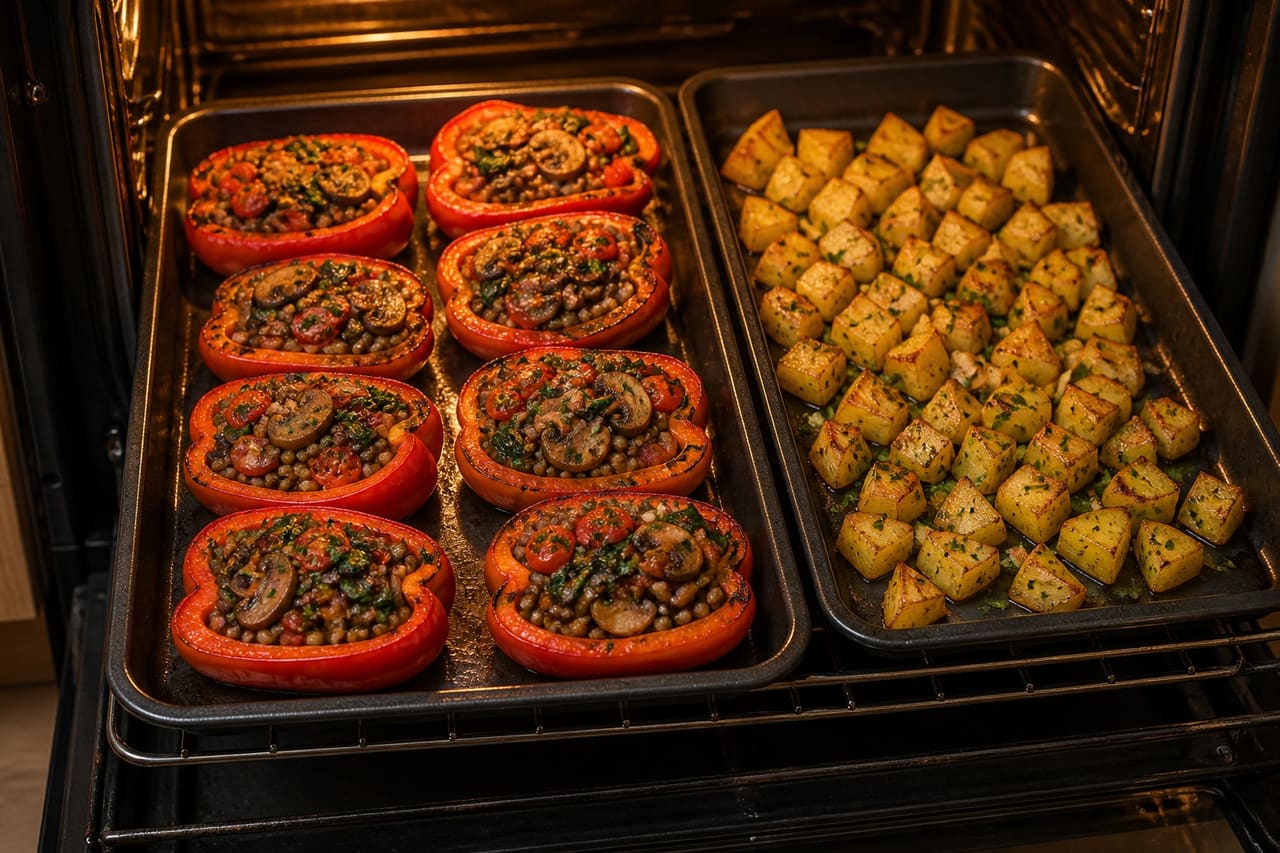 Herby Lentil-Stuffed Peppers with Crispy Garlic Potatoes cooking step 5: Fill and roast.