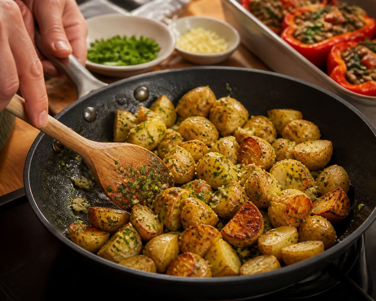 Herby Lentil-Stuffed Peppers with Crispy Garlic Potatoes cooking step 6: Add the garlic finish.
