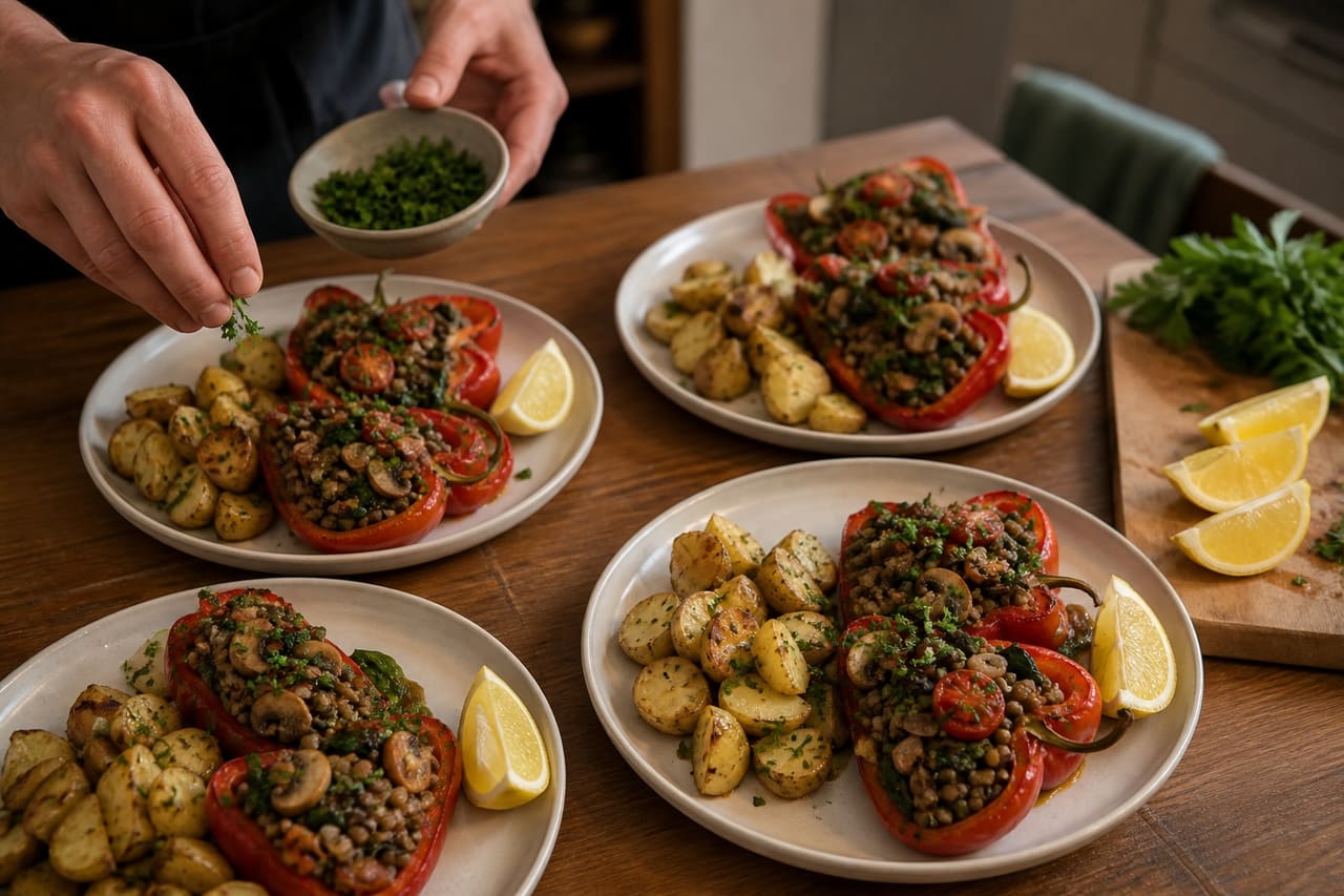 Herby Lentil-Stuffed Peppers with Crispy Garlic Potatoes cooking step 7: Serve with lemon.