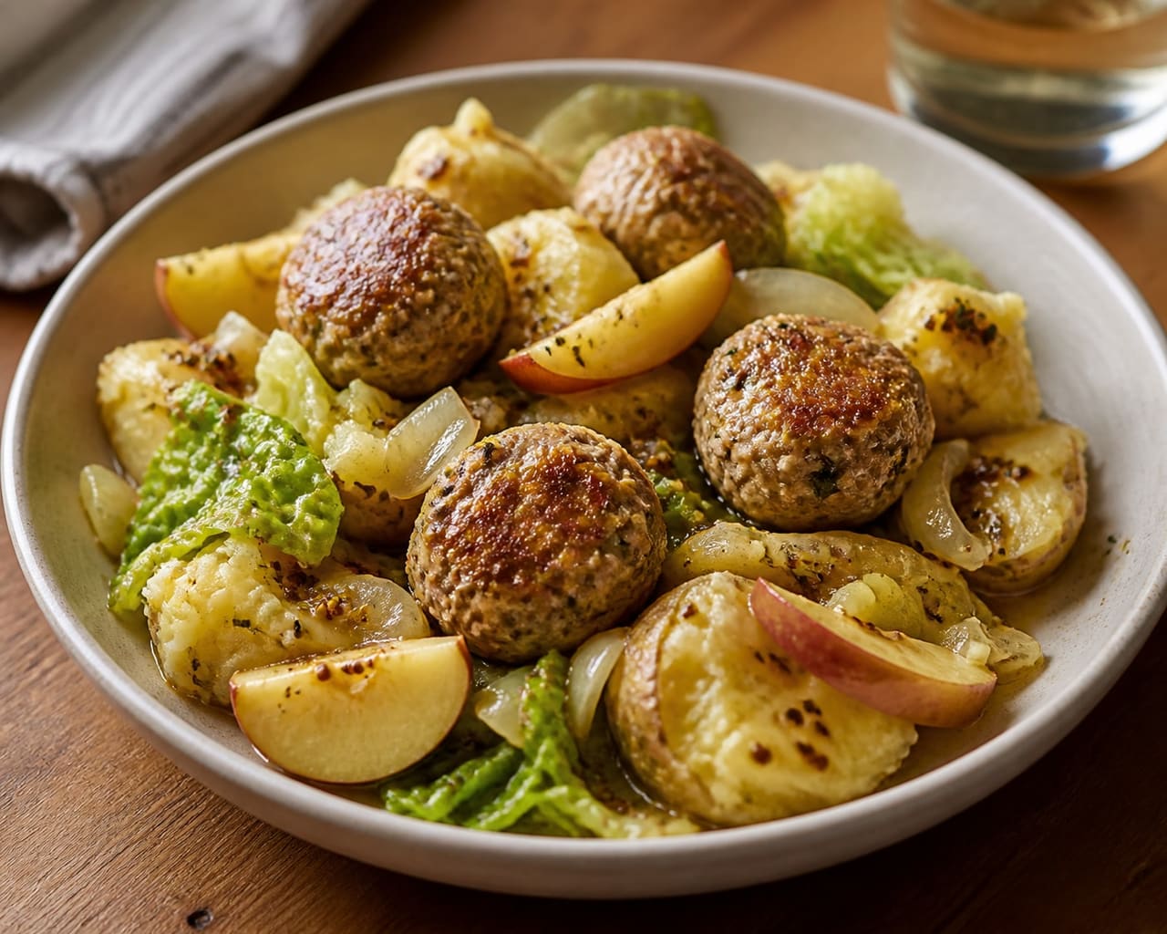 Herby Pork and Apple Mustard Meatballs with Crushed Potatoes.