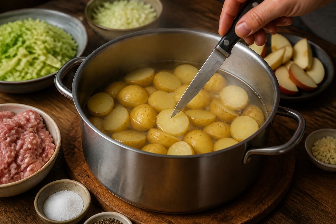 Herby Pork and Apple Mustard Meatballs with Crushed Potatoes cooking step 1: Cook the potatoes.