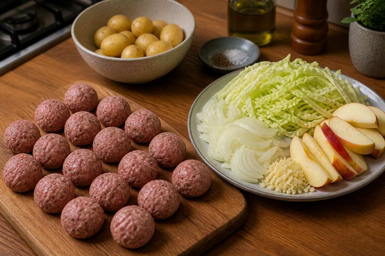 Herby Pork and Apple Mustard Meatballs with Crushed Potatoes cooking step 2: Shape and prepare.