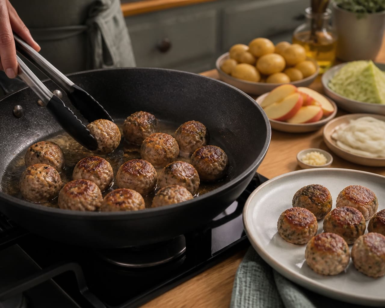 Herby Pork and Apple Mustard Meatballs with Crushed Potatoes cooking step 3: Brown the meatballs.