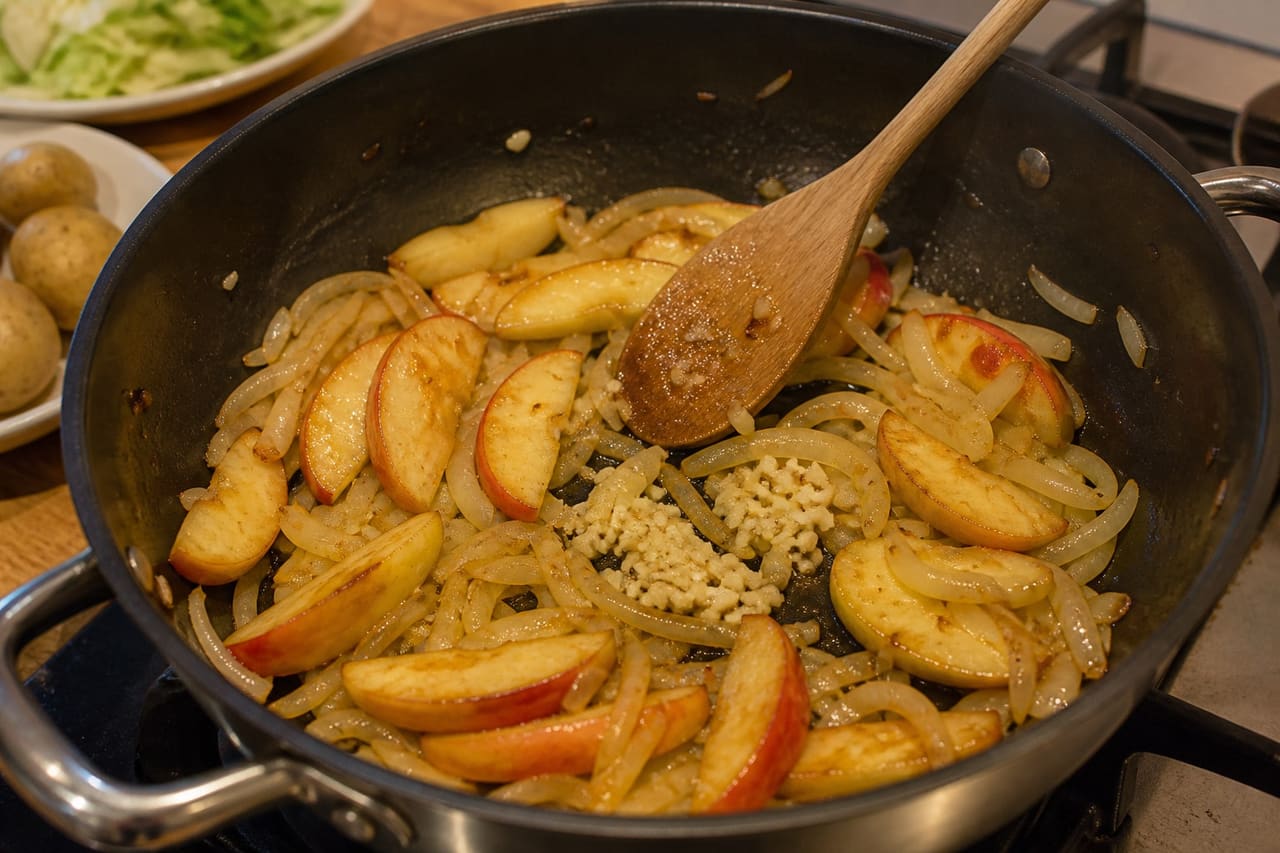 Herby Pork and Apple Mustard Meatballs with Crushed Potatoes cooking step 4: Soften the apples and onion.