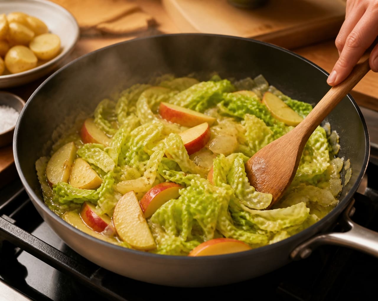 Herby Pork and Apple Mustard Meatballs with Crushed Potatoes cooking step 5: Wilt the cabbage.
