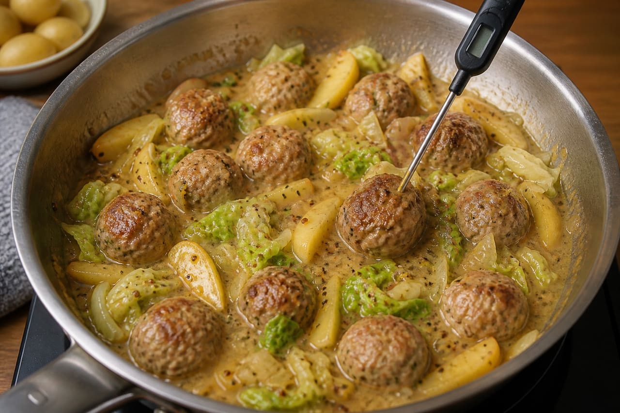 Herby Pork and Apple Mustard Meatballs with Crushed Potatoes cooking step 6: Finish the mustard sauce.