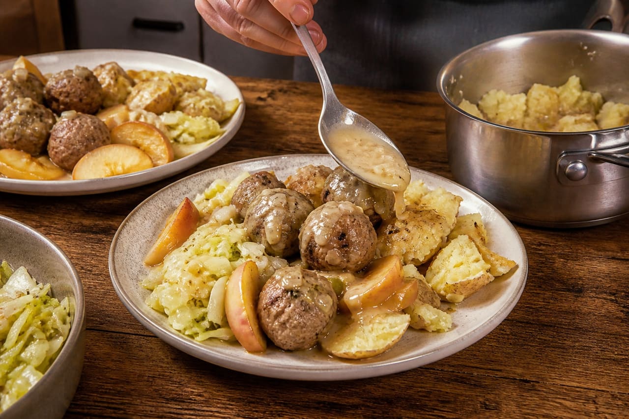 Herby Pork and Apple Mustard Meatballs with Crushed Potatoes cooking step 7: Crush and serve.