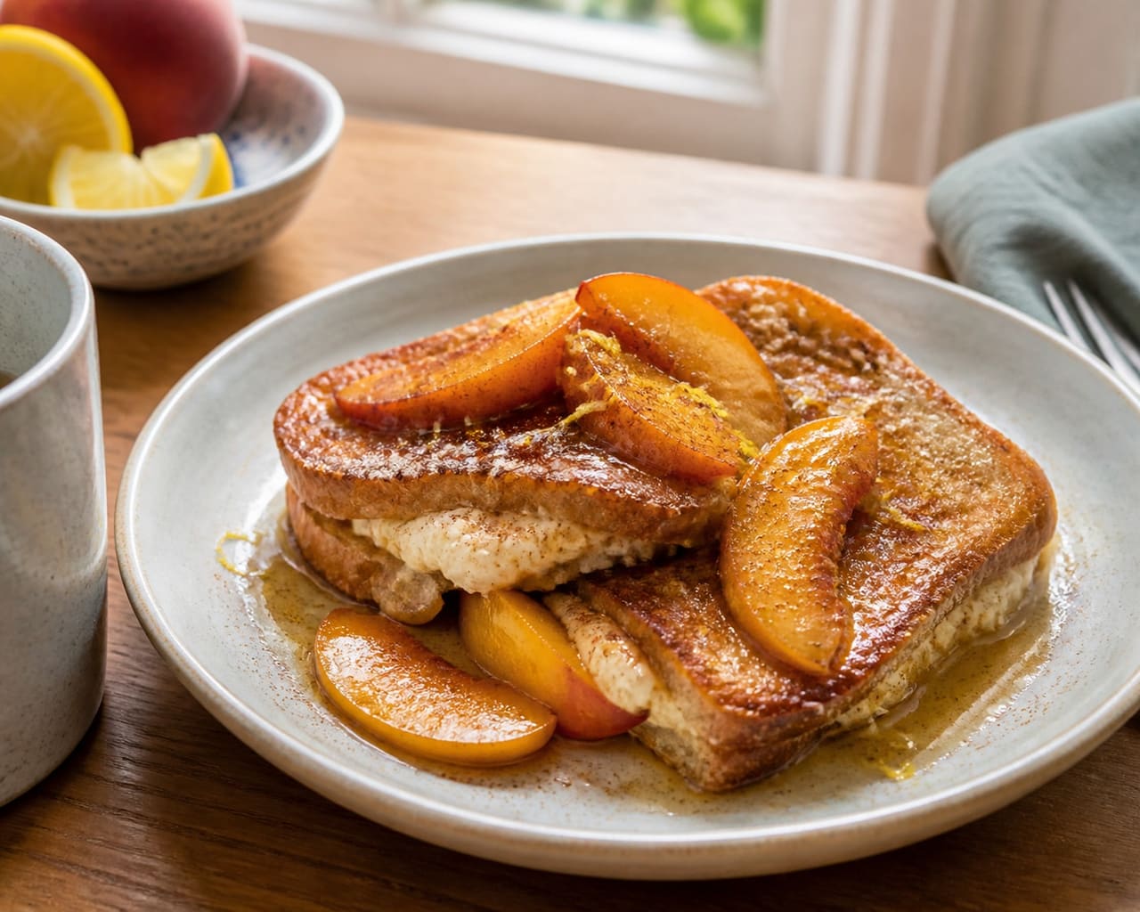 Jammy Peach Ricotta French Toast with Cinnamon.