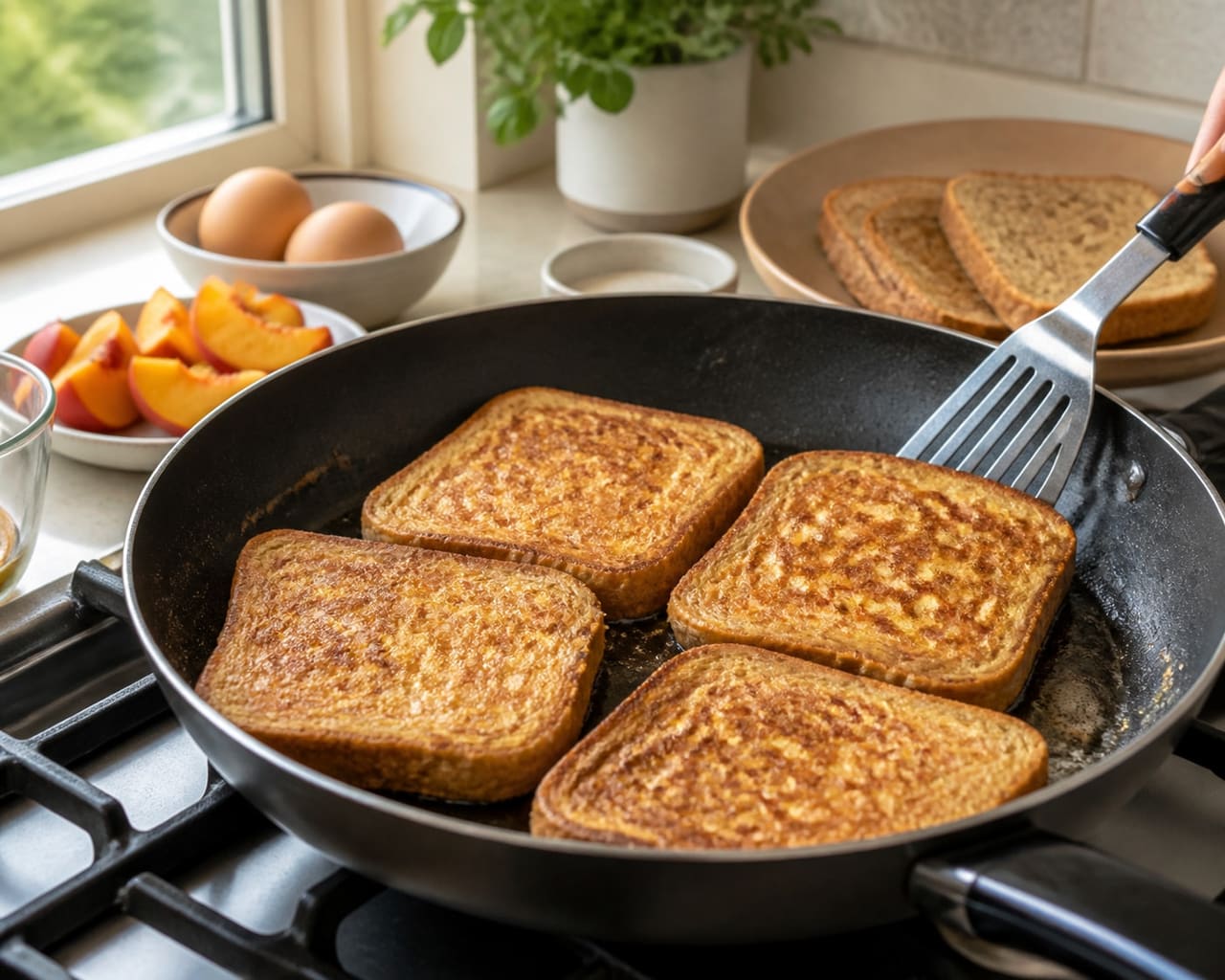 Jammy Peach Ricotta French Toast with Cinnamon cooking step 4: Fry until golden.