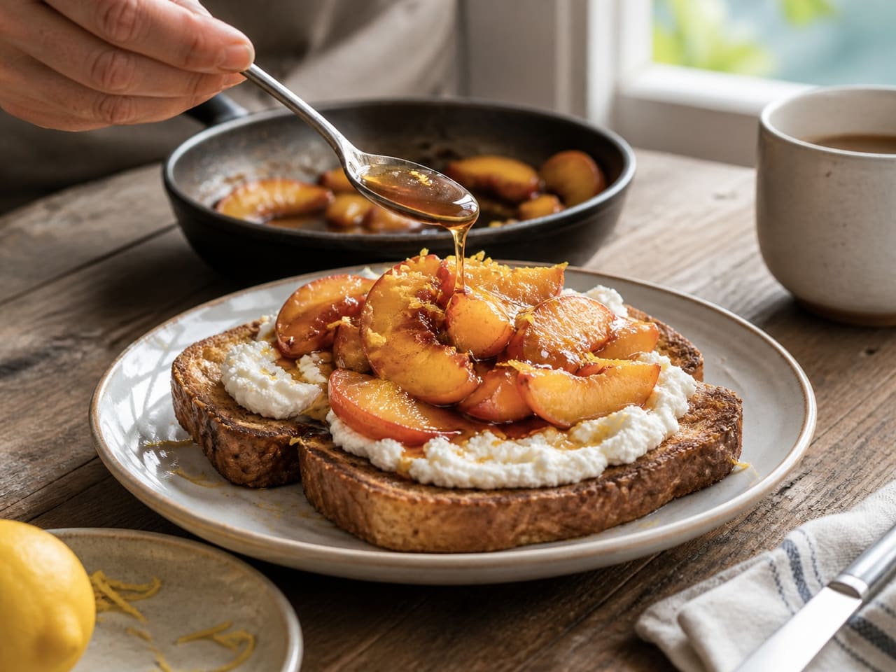 Jammy Peach Ricotta French Toast with Cinnamon cooking step 5: Layer and serve.