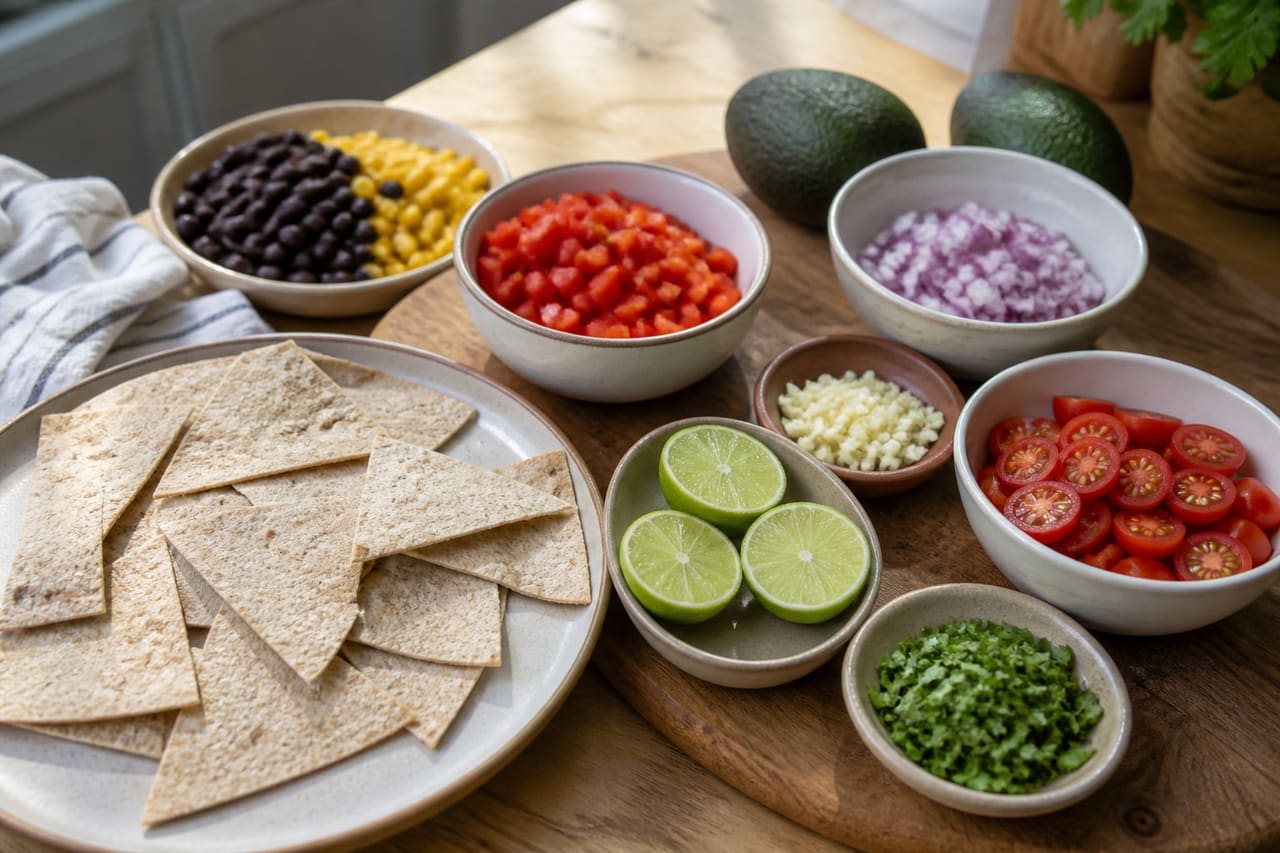 Smoky Black Bean Tortilla Bowls with Avocado Lime Salsa cooking step 1: Prepare the vegetables and wraps.