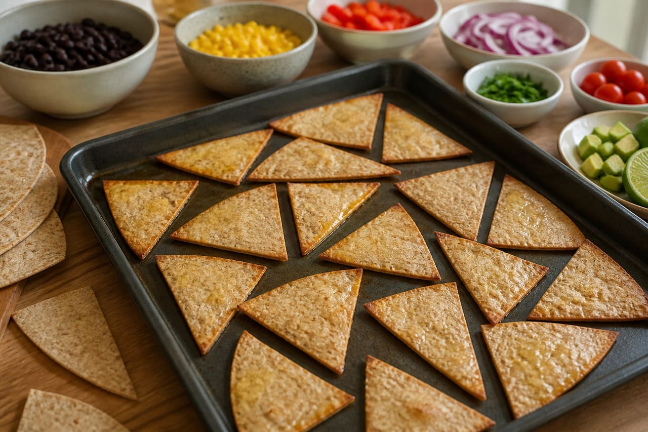 Smoky Black Bean Tortilla Bowls with Avocado Lime Salsa cooking step 2: Crisp the tortilla wedges.
