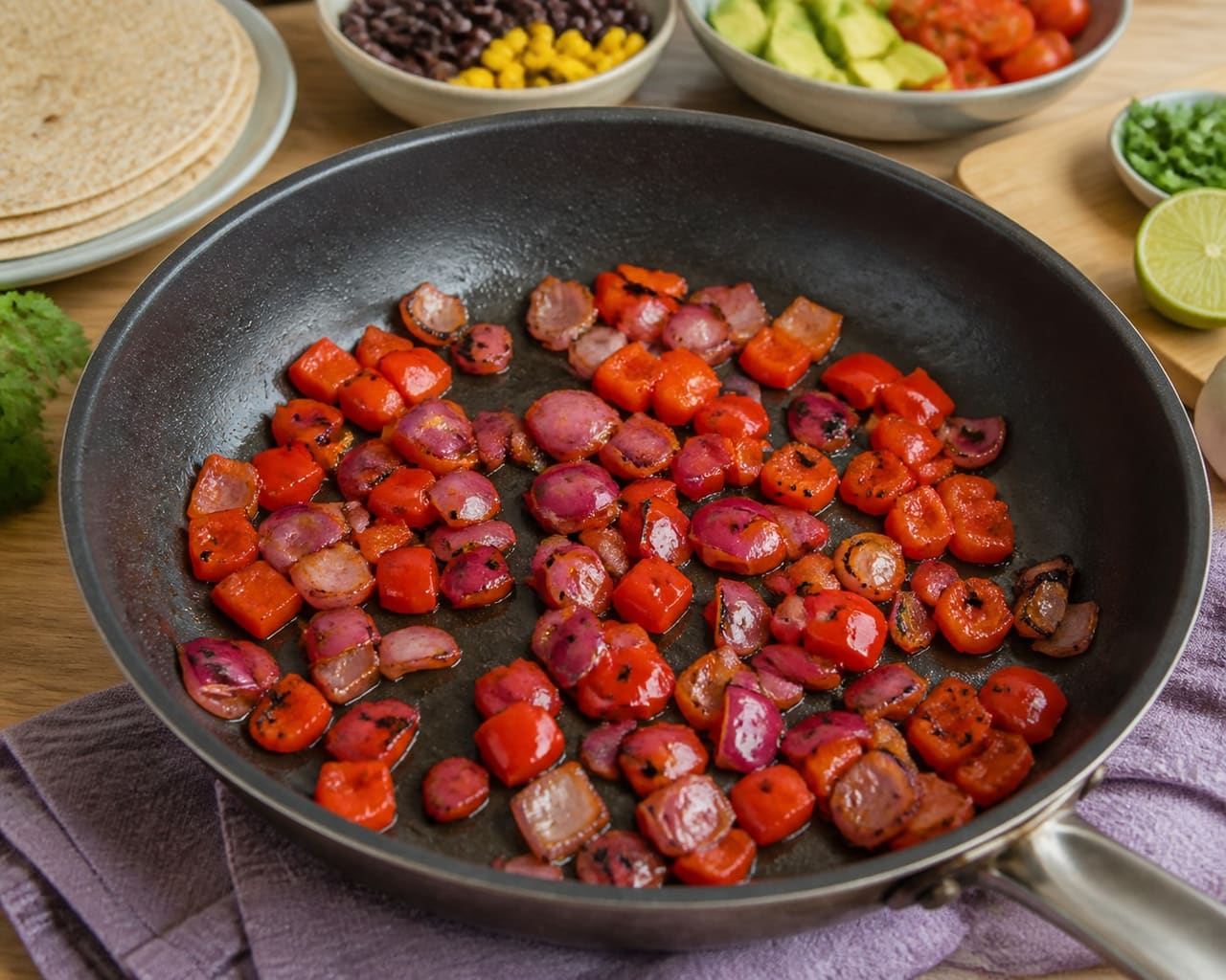 Smoky Black Bean Tortilla Bowls with Avocado Lime Salsa cooking step 3: Soften the pepper.