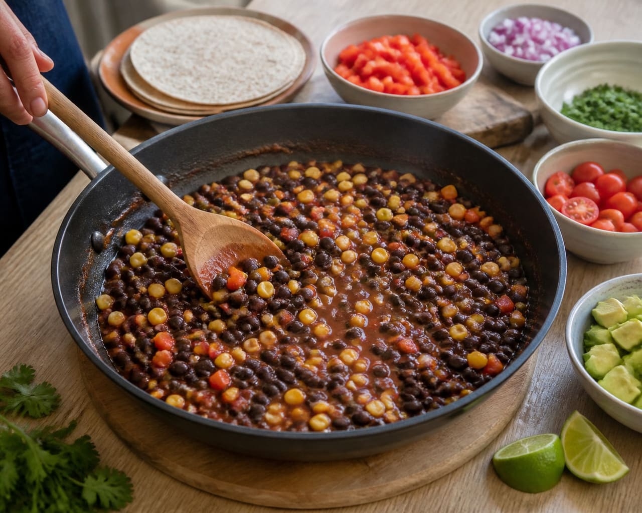 Smoky Black Bean Tortilla Bowls with Avocado Lime Salsa cooking step 4: Warm the smoky beans.