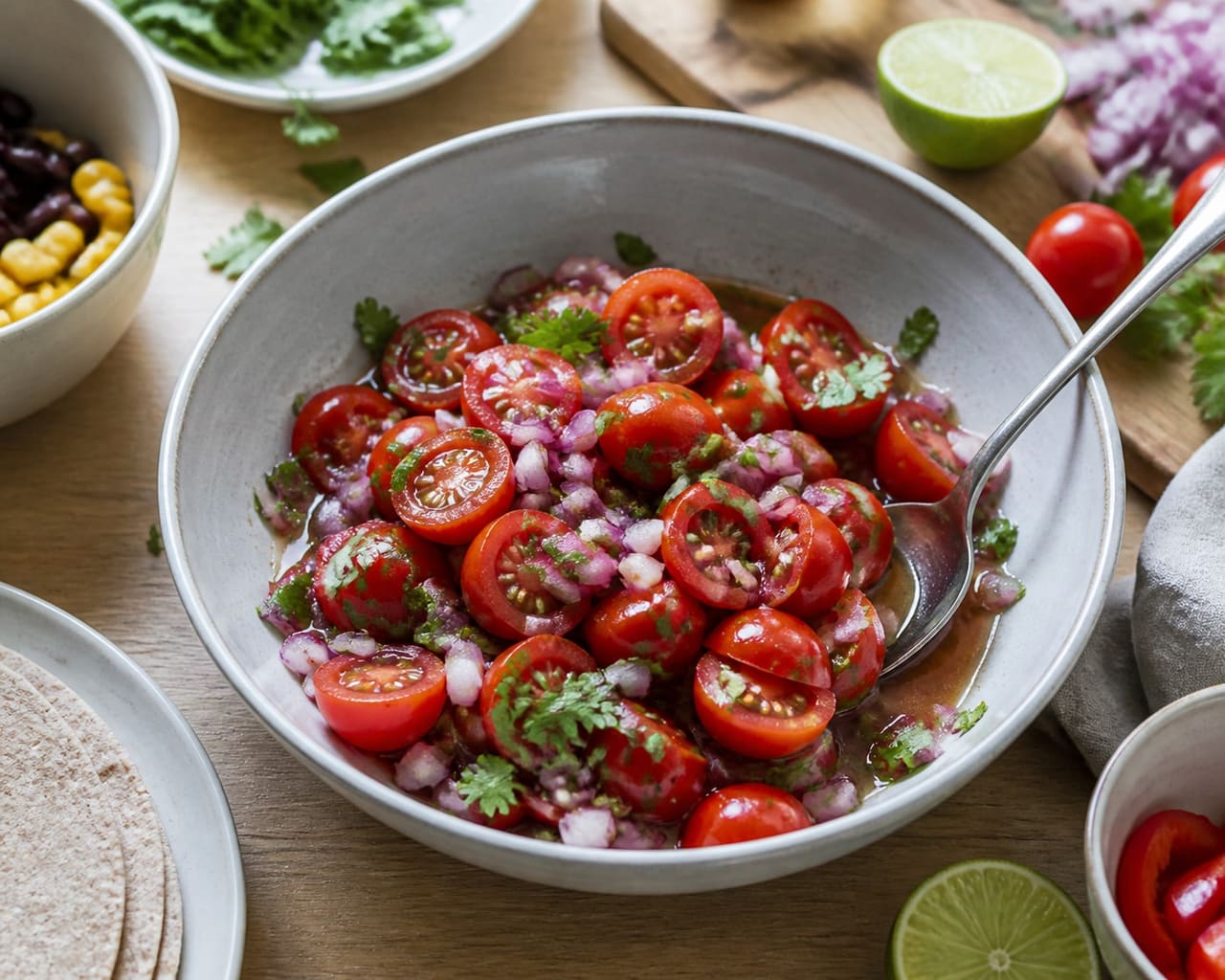 Smoky Black Bean Tortilla Bowls with Avocado Lime Salsa cooking step 5: Mix the tomato salsa.
