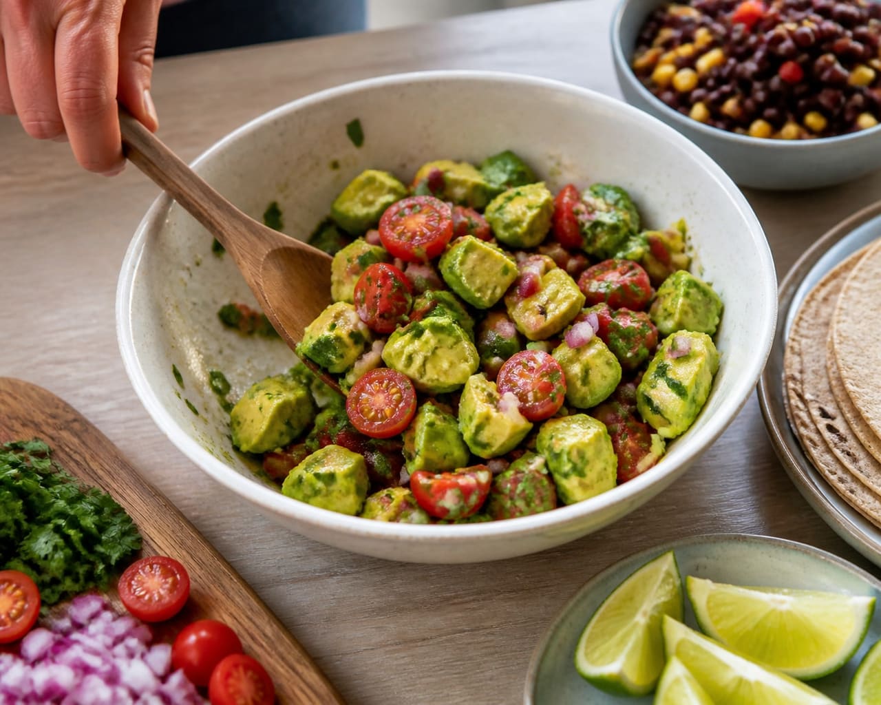 Smoky Black Bean Tortilla Bowls with Avocado Lime Salsa cooking step 6: Finish the avocado.