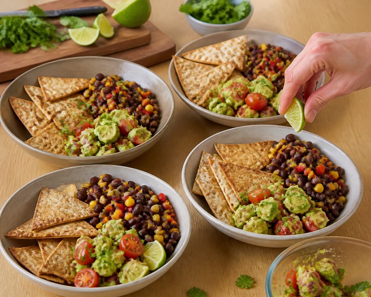 Smoky Black Bean Tortilla Bowls with Avocado Lime Salsa cooking step 7: Build the bowls.