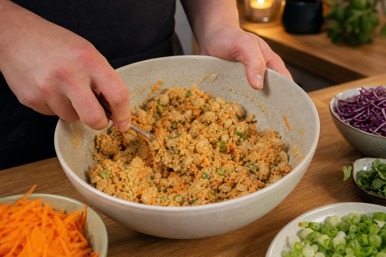 Smoky Butter Bean Patties with Crunchy Lime Slaw cooking step 2: Mix the burgers.