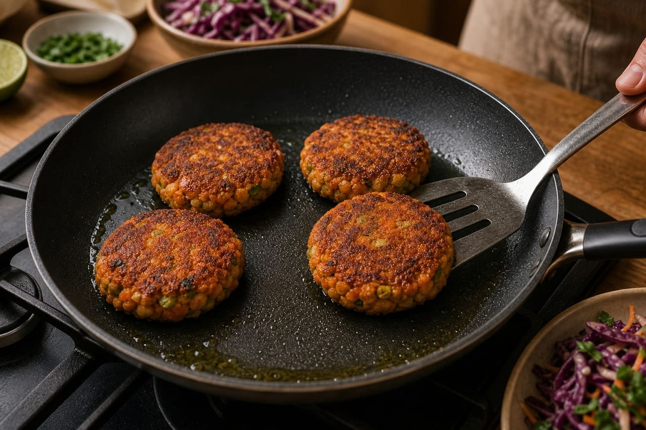 Smoky Butter Bean Patties with Crunchy Lime Slaw cooking step 5: Fry until golden.