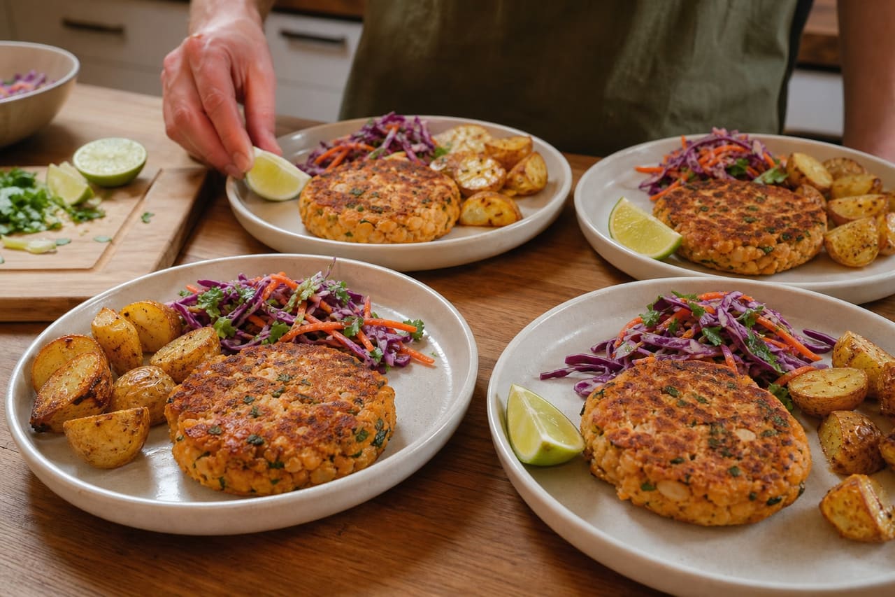 Smoky Butter Bean Patties with Crunchy Lime Slaw cooking step 6: Plate the patties.