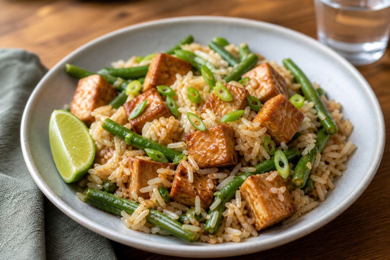 Sticky Tofu Coconut Rice with Green Beans and Lime.