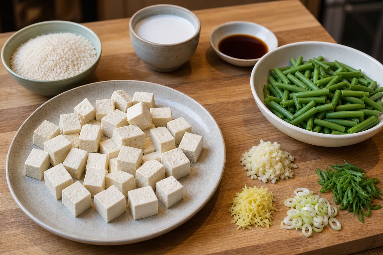 Sticky Tofu Coconut Rice with Green Beans and Lime cooking step 1: Prepare the tofu and vegetables.