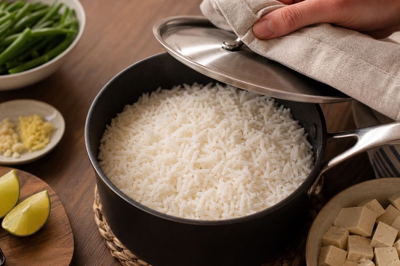 Sticky Tofu Coconut Rice with Green Beans and Lime cooking step 2: Cook the coconut rice.
