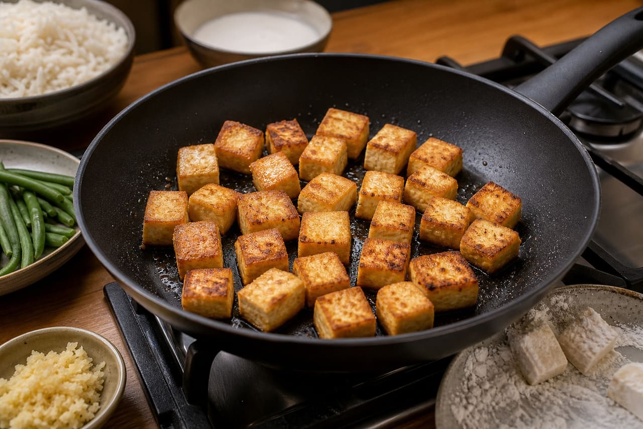 Sticky Tofu Coconut Rice with Green Beans and Lime cooking step 3: Coat and crisp the tofu.