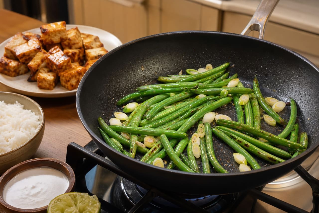 Sticky Tofu Coconut Rice with Green Beans and Lime cooking step 4: Cook the green beans.