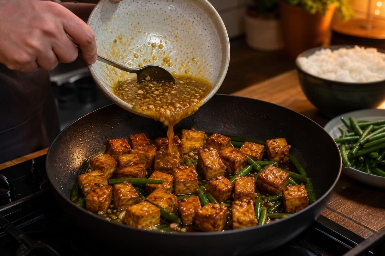 Sticky Tofu Coconut Rice with Green Beans and Lime cooking step 5: Glaze until sticky.