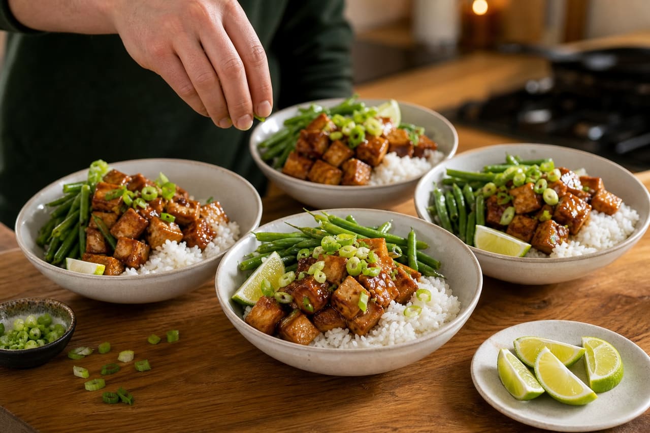 Sticky Tofu Coconut Rice with Green Beans and Lime cooking step 6: Build the bowls.