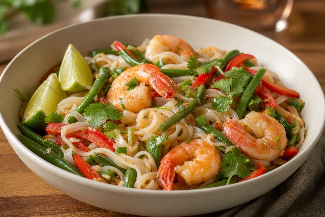Thai-Style Prawn Noodles with Lime and Green Beans.