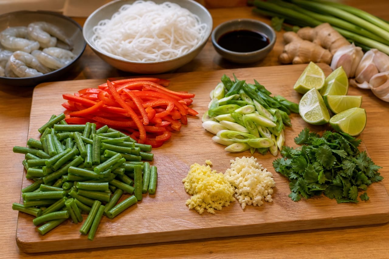 Thai-Style Prawn Noodles with Lime and Green Beans cooking step 1: Prepare the vegetables.