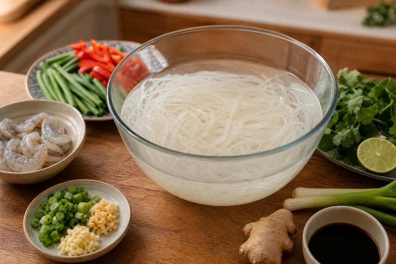 Thai-Style Prawn Noodles with Lime and Green Beans cooking step 3: Soak the noodles.