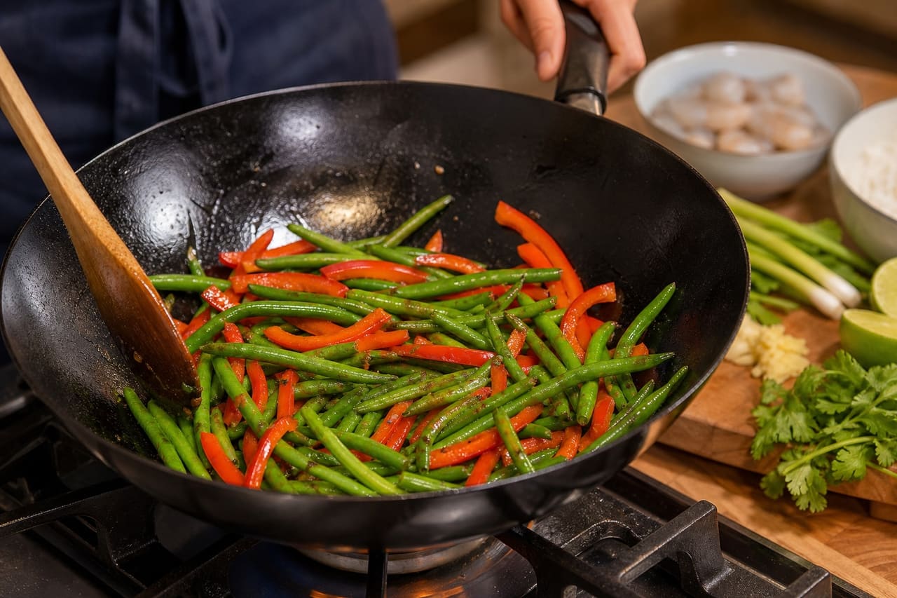 Thai-Style Prawn Noodles with Lime and Green Beans cooking step 4: Stir-fry the vegetables.