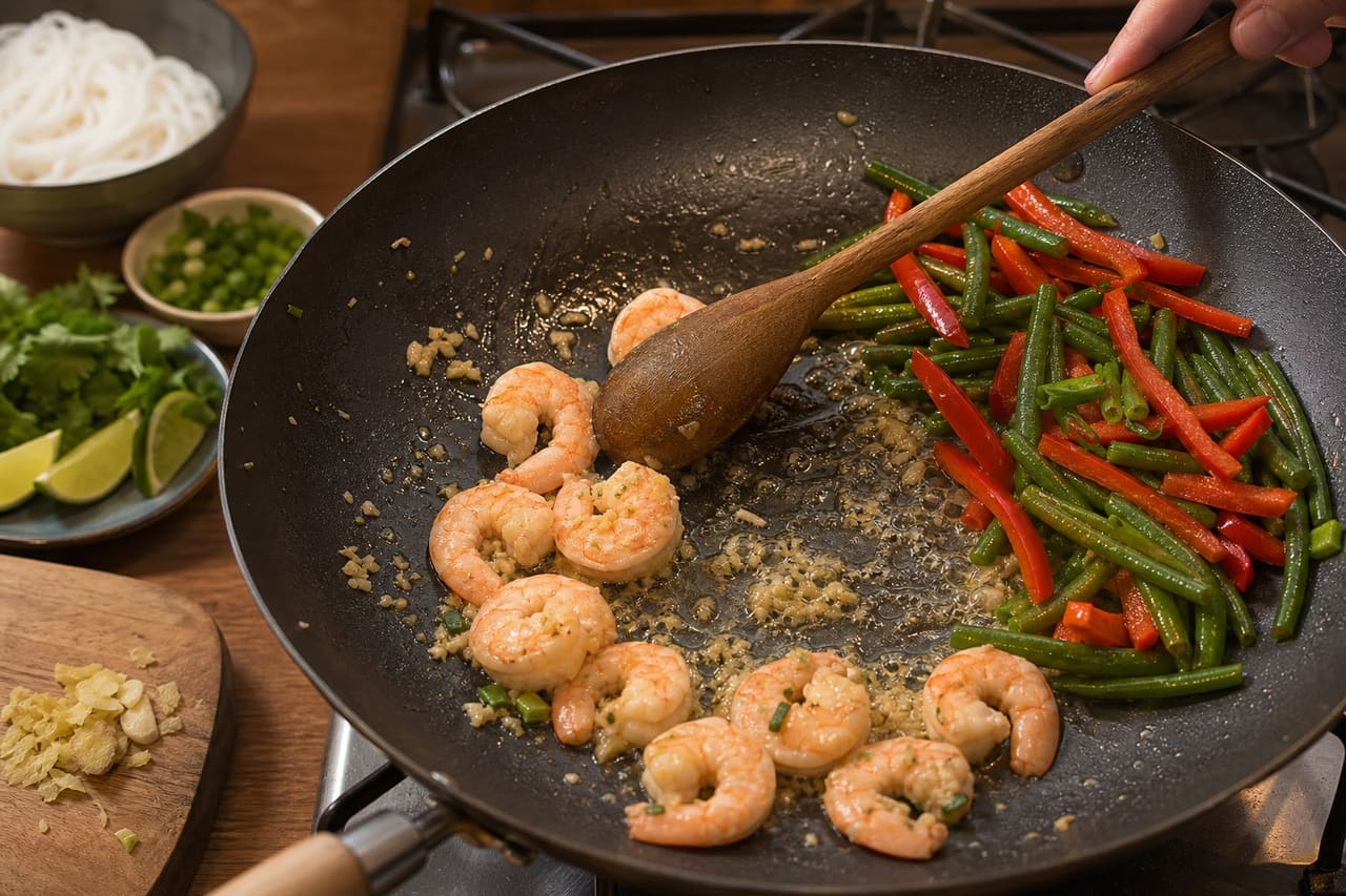 Thai-Style Prawn Noodles with Lime and Green Beans cooking step 5: Cook the prawns.