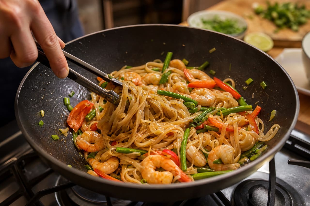 Thai-Style Prawn Noodles with Lime and Green Beans cooking step 6: Toss the noodles.