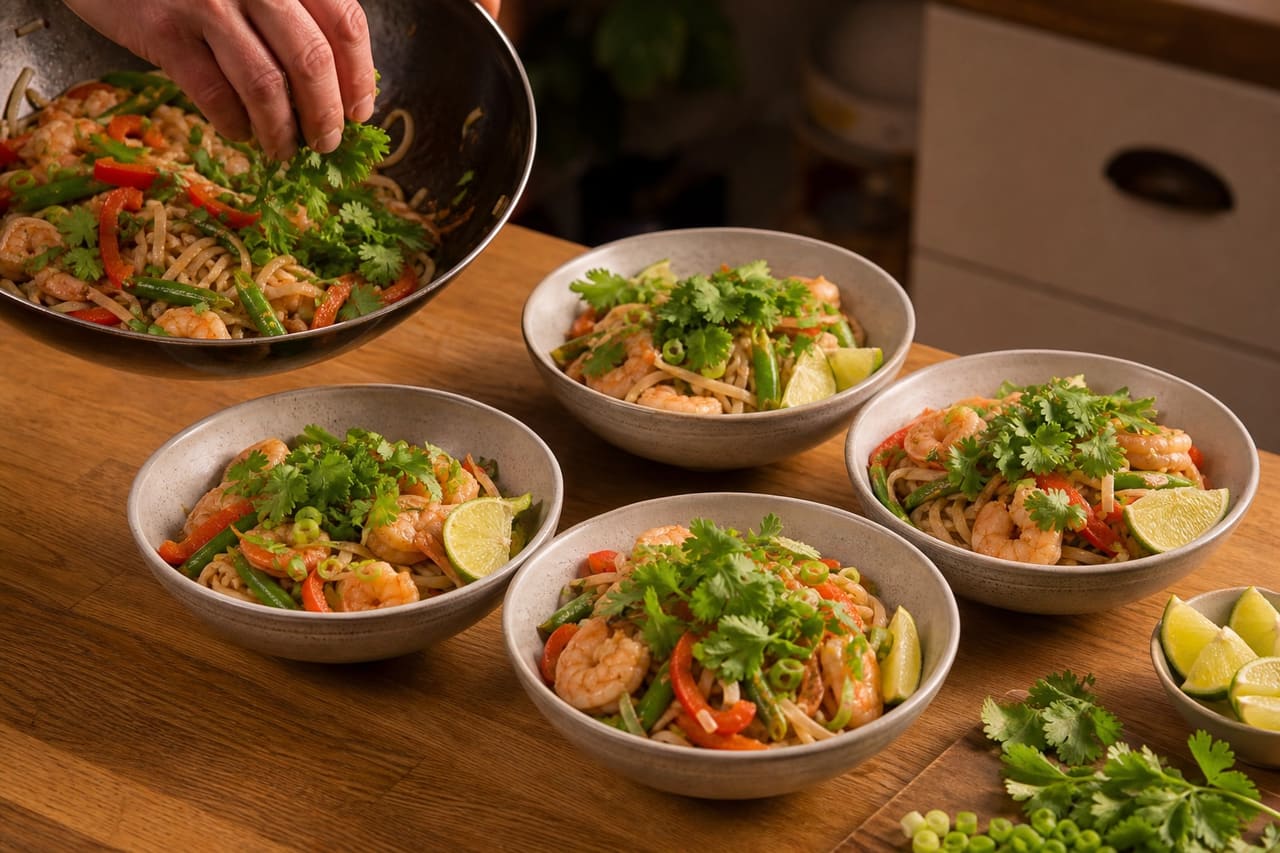 Thai-Style Prawn Noodles with Lime and Green Beans cooking step 7: Finish with herbs.