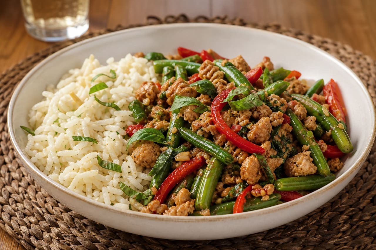 Fragrant Turkey Basil Rice Bowls with Green Beans.