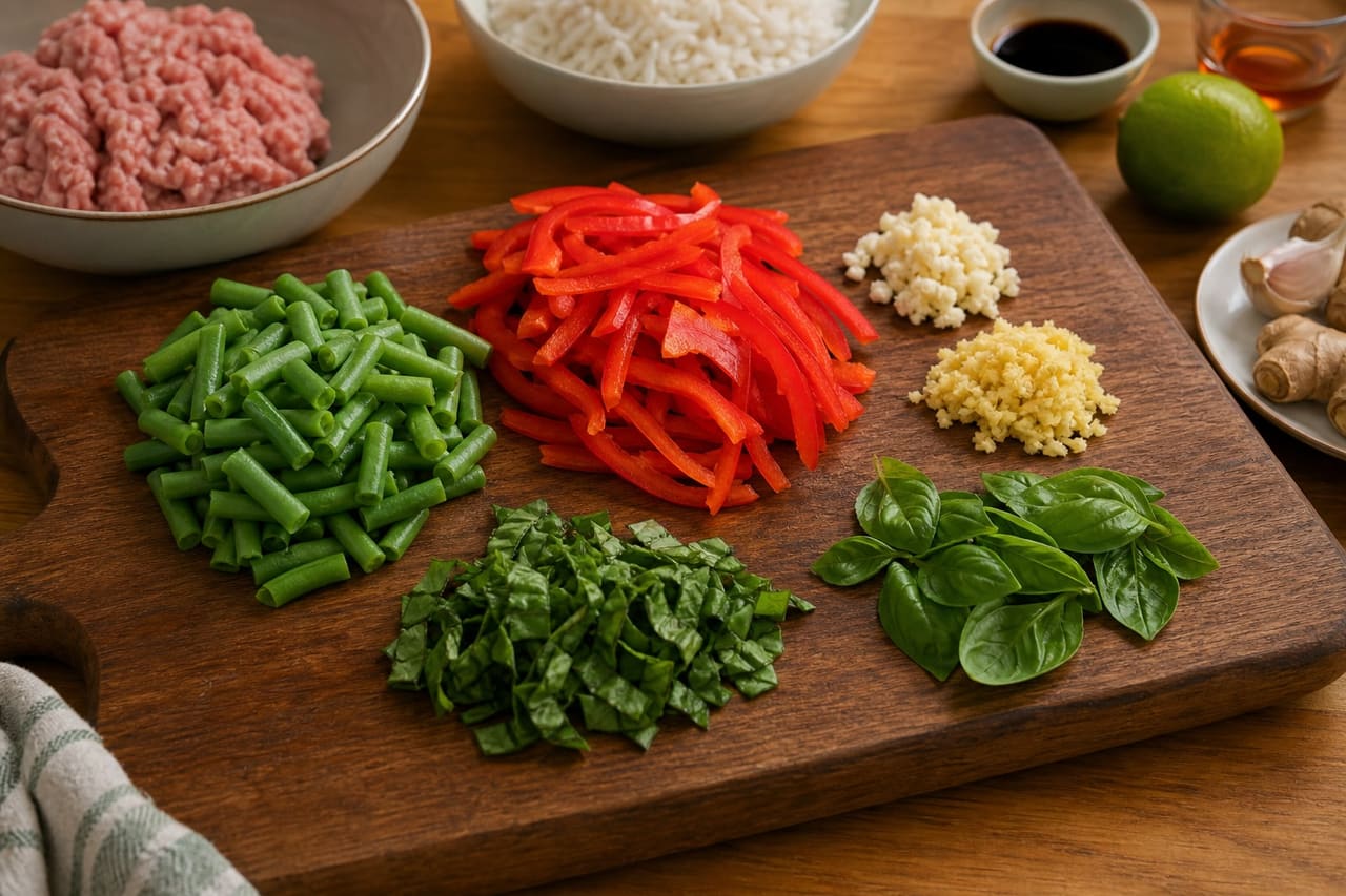 Fragrant Turkey Basil Rice Bowls with Green Beans cooking step 1: Prepare the vegetables.